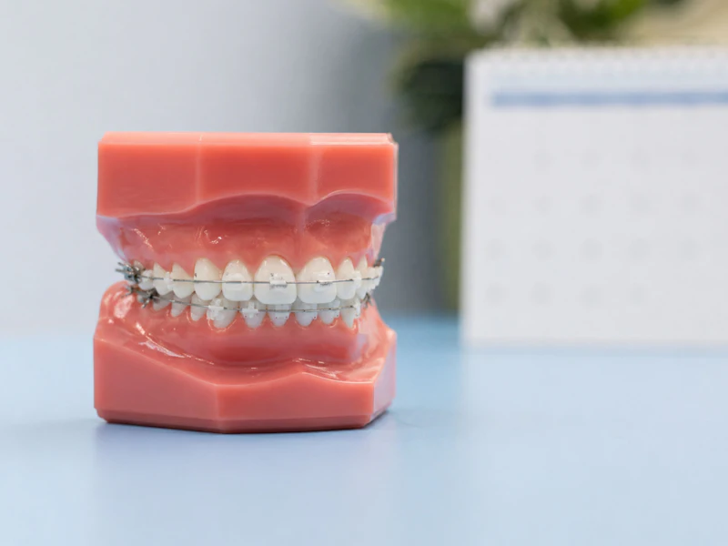 A teeth model wearing metal braces